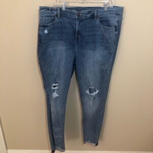 Lane Bryant skinny denim jeans embroidered floral distressed Step frayed hem